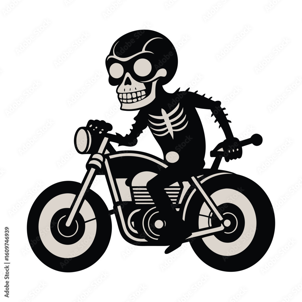 Obraz premium skeleton riding a motorcycle silhouette vector icon isolated on white background