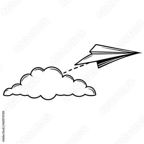 Paper airplane flying away from a cloud with dotted lines showing the path in a simple black outline style