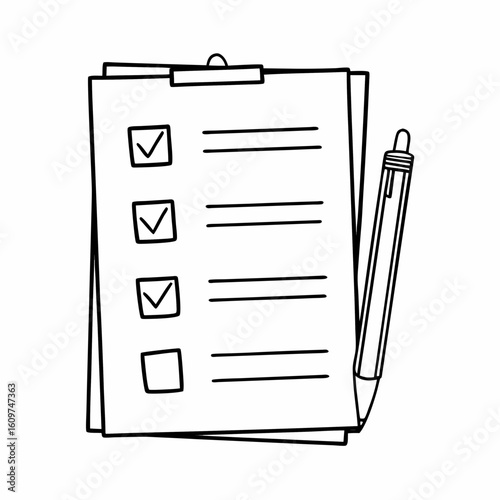 Clipboard with checklist and pen showing completed tasks in a monochrome drawing style illustration