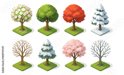 Seasonal tree variations in isometric style: spring to winter