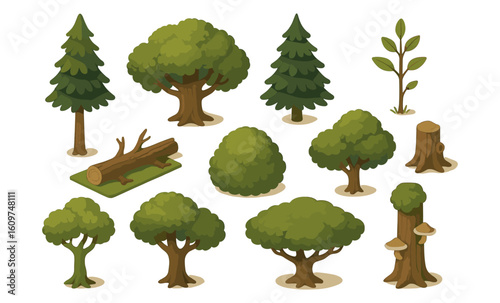 Charming isometric trees collection with various styles and greenery elements