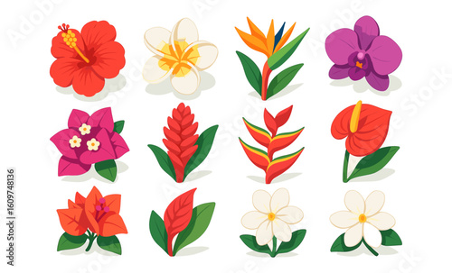 Colorful tropical flowers collection in flat style