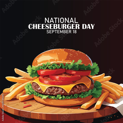 National Cheeseburger Day poster vector illustration. Big hamburger with cheese and lettuce on a wooden tray vector. Template for background, banner, card. September 18 every year
