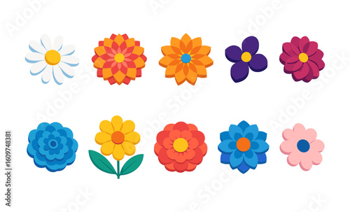 Colorful paper cut flowers collection with diverse blooms in modern flat design