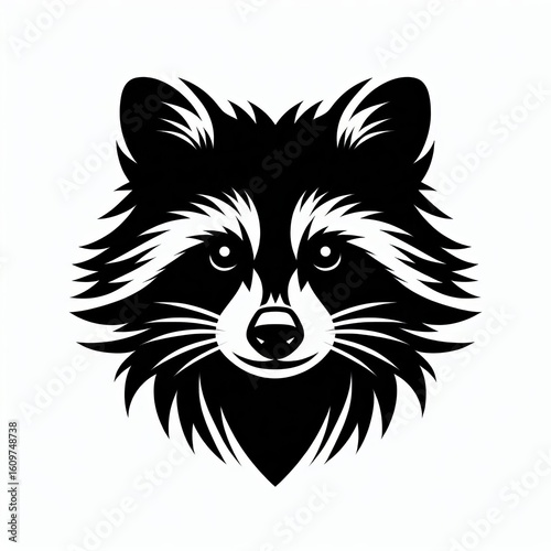 Stylized black and white illustration of a raccoon face