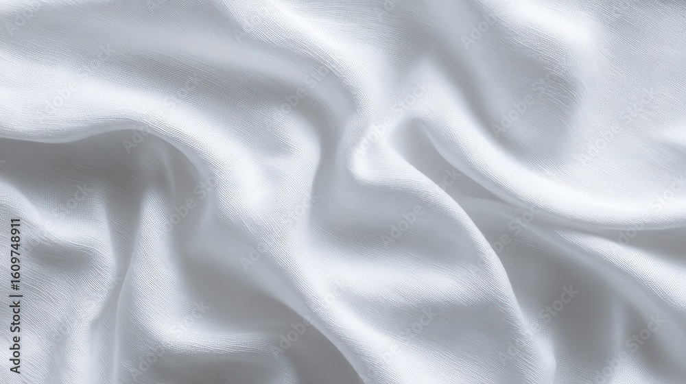 Fototapeta premium Close-up of white linen fabric texture. Textile detail with soft folds, waves, smooth surface. Abstract background for design. Ideal for clothing, tablecloths, home decor, textile industry
