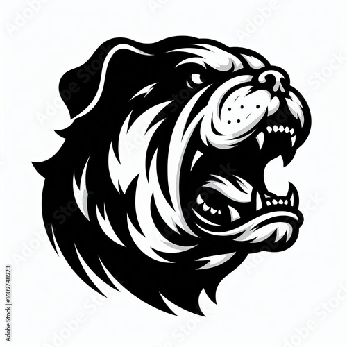 Fierce bulldog head roaring aggressively with bared teeth