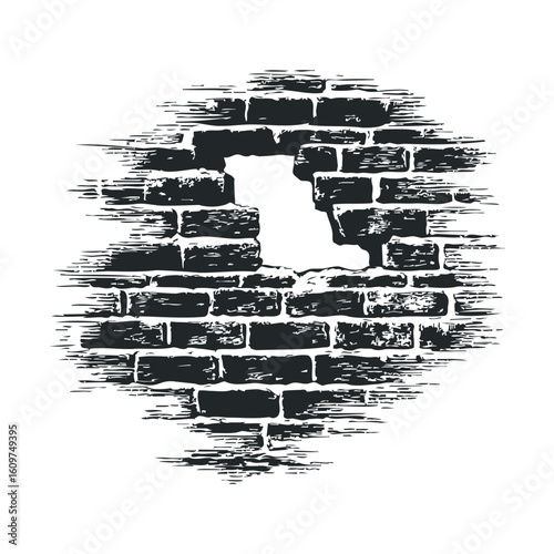Abstract grunge brick wall with central hole in urban style