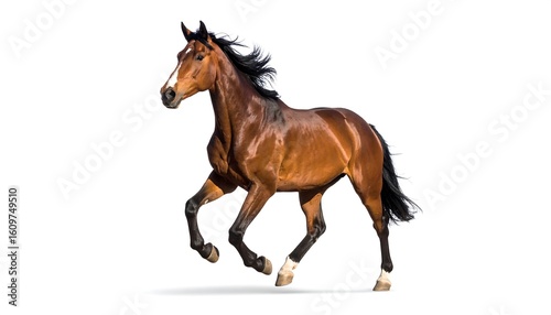 Brown horse in a running pose against a white background