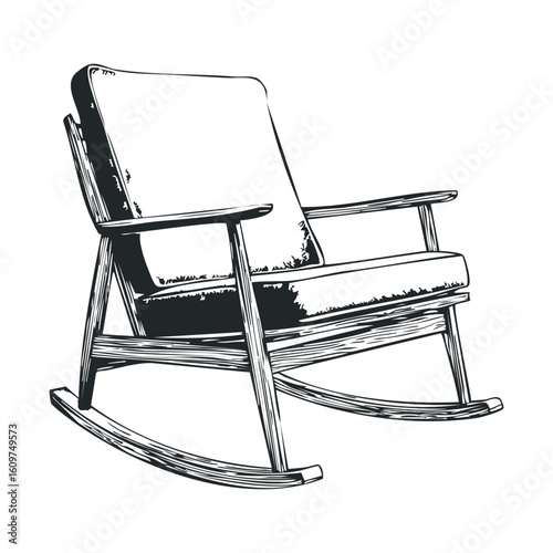 Black and white sketch of a wooden rocking chair with cushions