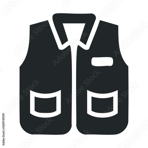 Black utility vest with pockets and collar on white background