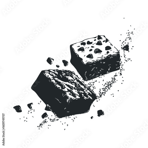 Monochrome sketch of chocolate brownies with nuts on white background