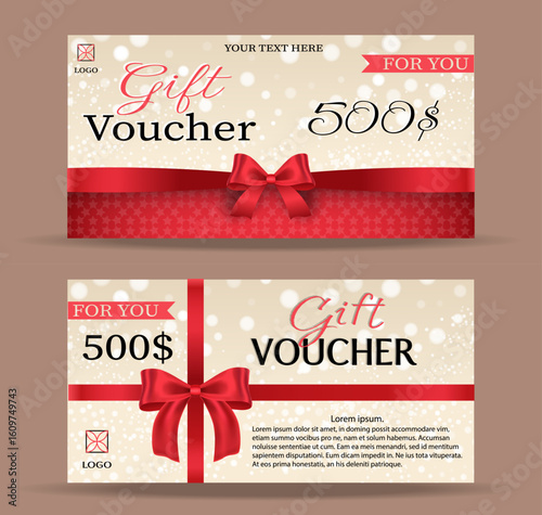 Gold voucher or red gift card, gold discount certificate. Set of isolated templates for gift coupon with ribbon and bow. Shop invitation, promotion or flyer, birthday gift. Premium label.