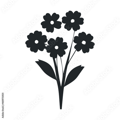 Silhouette of bouquet with five blossoming flowers and leaves