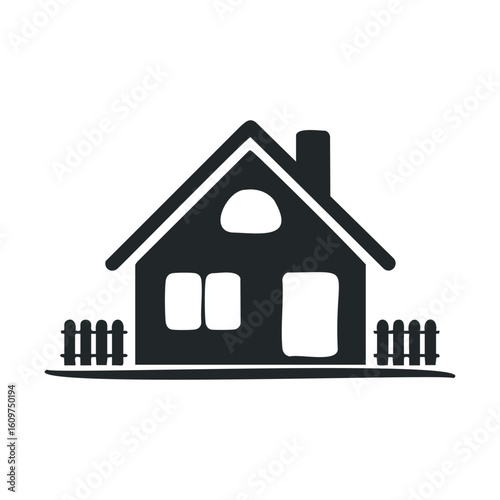 Simple black and white icon of a cozy house with fences