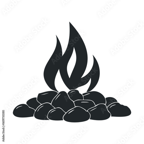 Monochrome campfire illustration with stylized flames and rocks