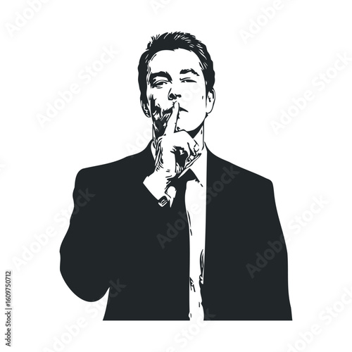 Silhouette of asian male in suit gesturing silence