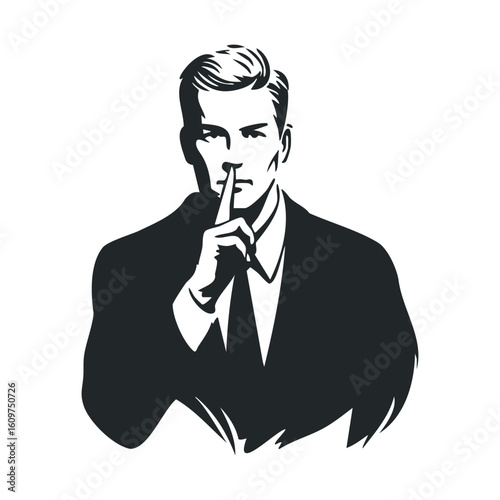 Black and white illustration of caucasian male figure in suit with finger to lips gesture