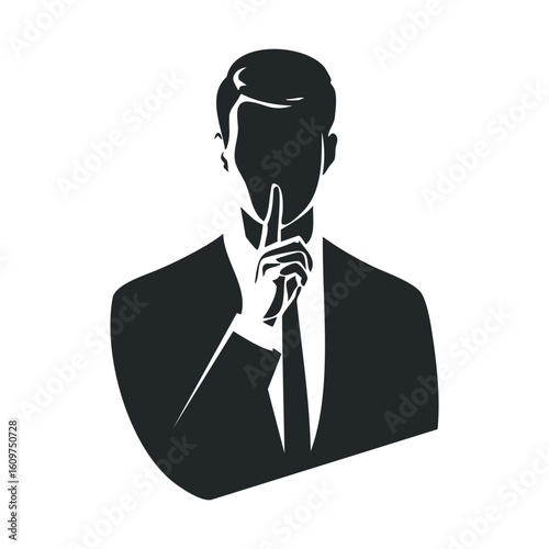Silhouette of male figure suggesting silence with finger on lips