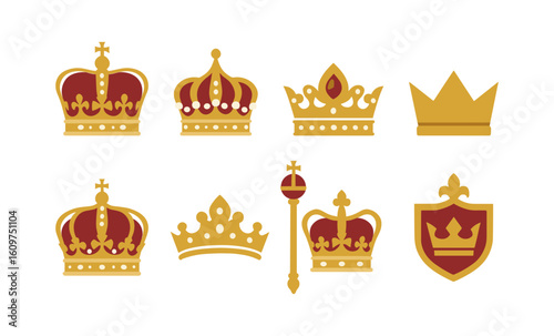 Collection of royal crowns and scepter in flat design style