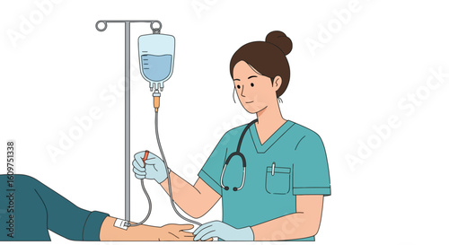 Nurse administering IV drip to patient in medical facility  