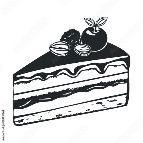 Black and white cake slice with cherry and nuts design