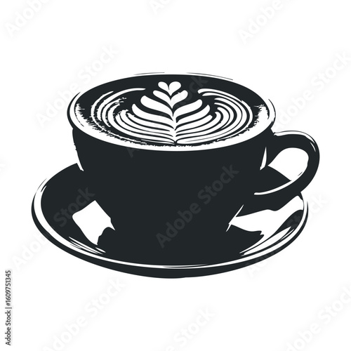 Artistic latte with heart design in black and white cup and saucer illustration
