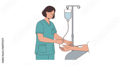 Nurse administering IV drip to patient in medical facility  