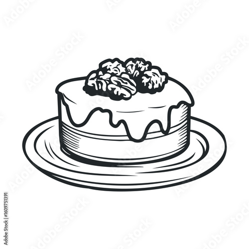 Hand-drawn walnut cake with cream topping on plate