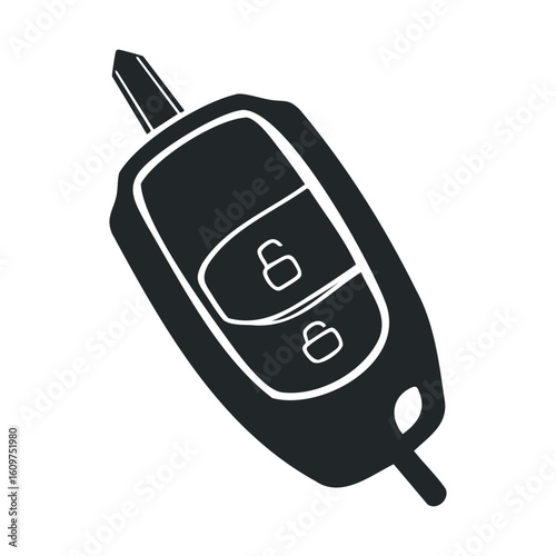 Black car key fob with lock and unlock symbols on white background