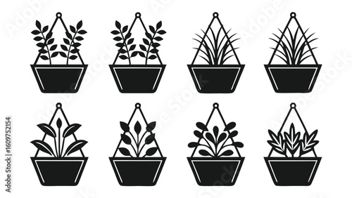 Collection of various potted house plants silhouette set in graphic illustration style black and white