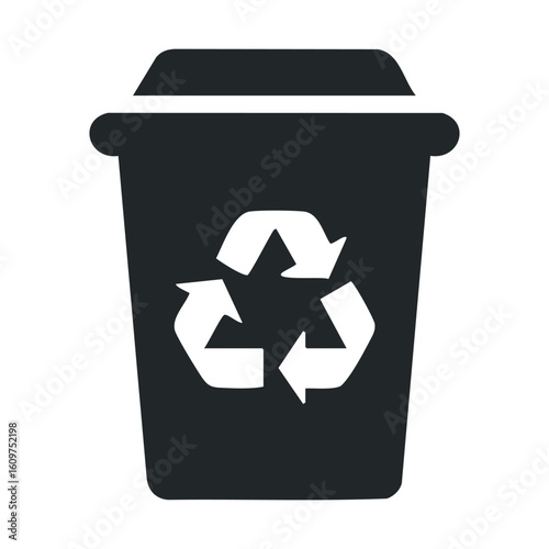 Black recycling bin icon with white recycling symbol for waste management and sustainability