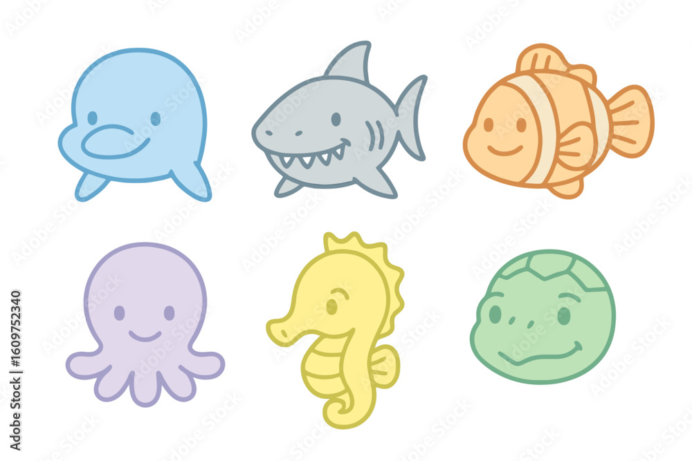 Obraz premium Pastel thin line icons of marine animal faces like dolphin, shark, and clownfish in soft colors. Perfect for ocean and children’s illustrations.