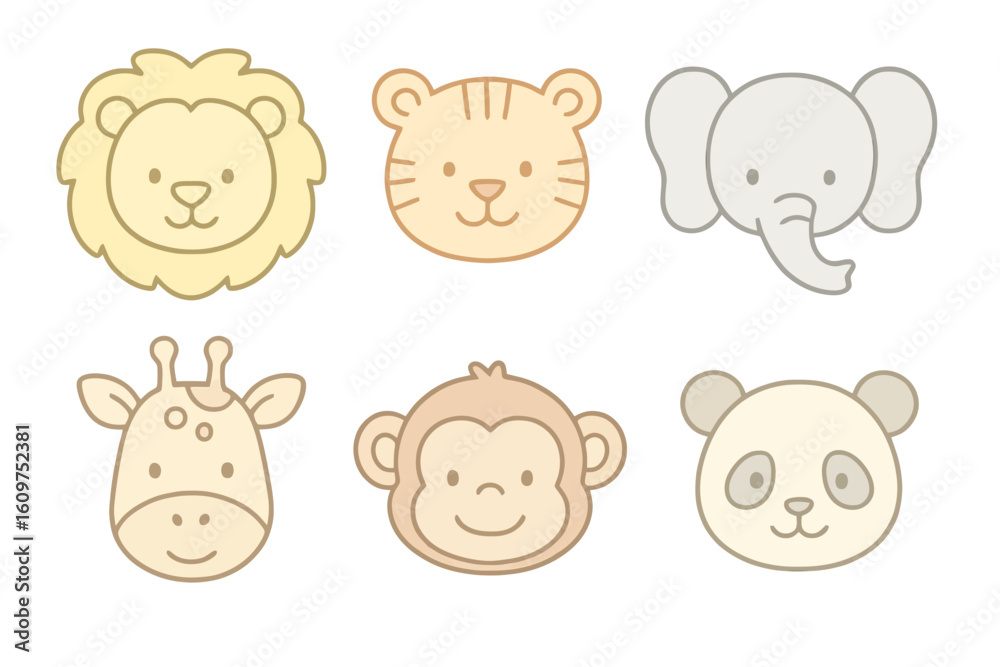 Pastel thin line icons of wild animal faces like lion, tiger, and giraffe in soft colors. Perfect for educational and playful wildlife designs. Pastel thin line icons of wild animal faces like lion, tiger, and giraffe in soft colors. Perfect for educational and playful wildlife designs.
