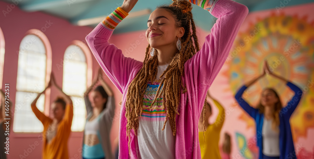 Obraz premium Serene young woman practicing mindfulness with closed eyes and raised arms in a vibrant yoga studio, promoting wellness and spiritual tranquility.