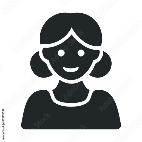 Black and white icon of smiling female child with pigtails