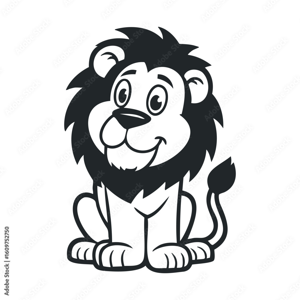 Fototapeta premium Cute cartoon lion with mane sitting smiling in black and white outline