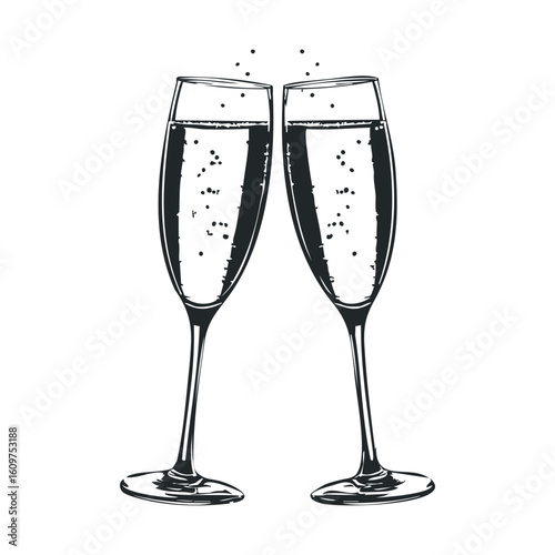 Illustration of two champagne glasses clinking with bubbles