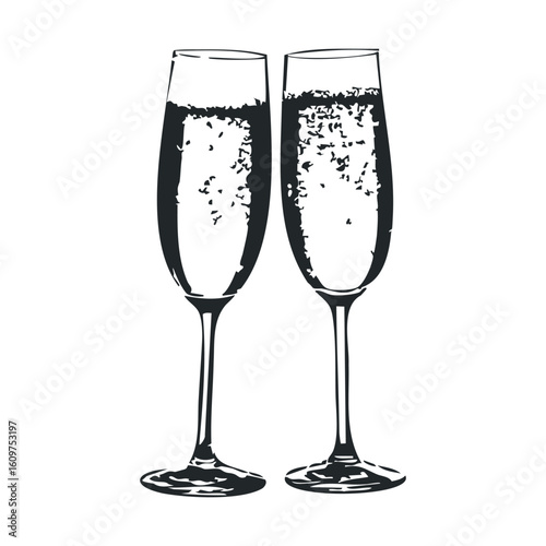 Two champagne glasses clinking in celebration silhouette on white background