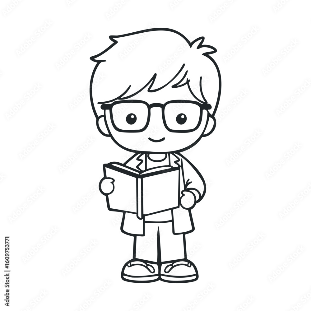 Fototapeta premium Cartoon boy reading book vector illustration in black and white