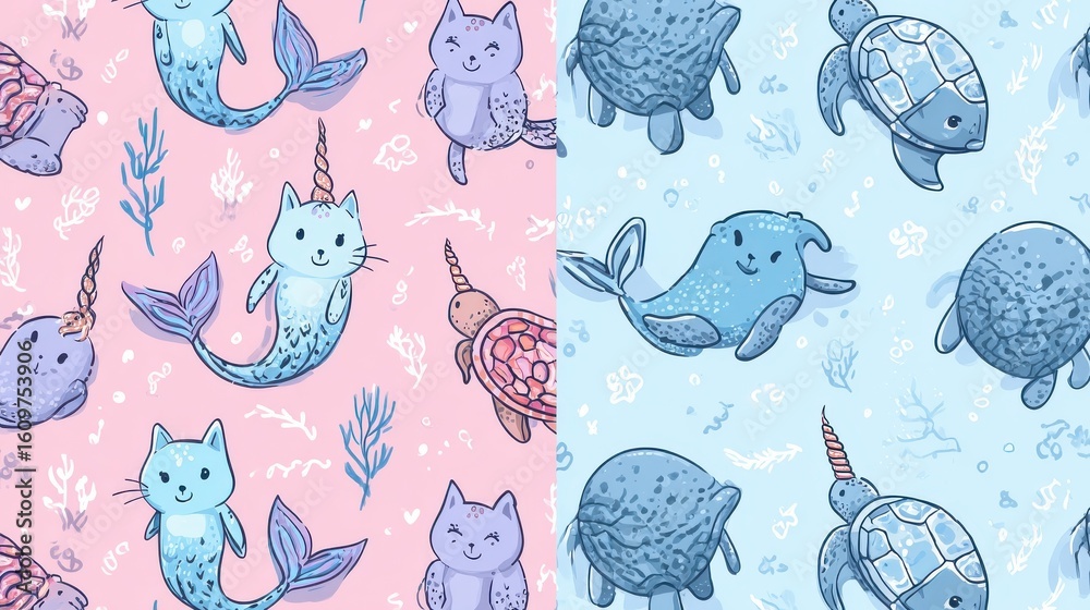 Mermaid seamless pattern. Narwhal and turtle, cartoon cat with fish tail. Cute sea creature, fabric print with beautiful mythical creatures, nowaday vector background, no logos, no brands Mermaid seamless pattern. Narwhal and turtle, cartoon cat with fish tail. Cute sea creature, fabric print with beautiful mythical creatures, nowaday vector background, no logos, no brands