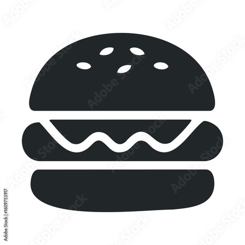 Simple black and white burger icon with sesame seed bun
