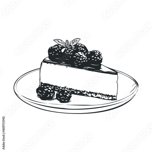 Black and white illustration of cheesecake slice with berries on plate