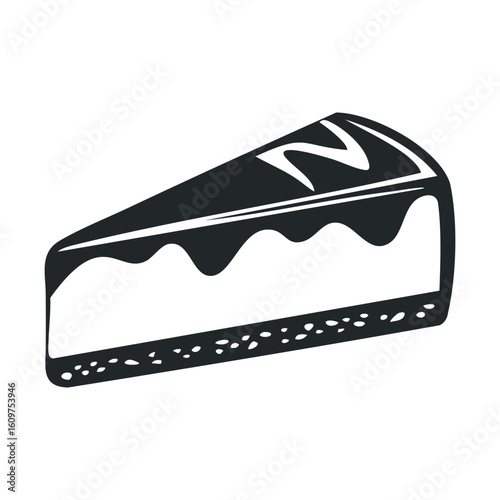 Monochrome slice of cheesecake with chocolate drizzle