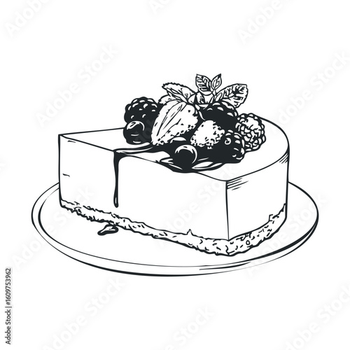 Delicious berry cheesecake with creamy slice and topping illustration
