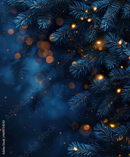 dark blue christmas fir tree background with golden glowing lights