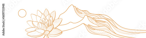 Gold lotus, moon Mountain line aesthetic landscape