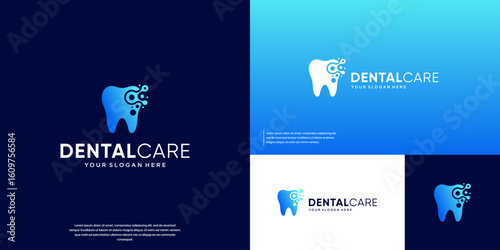 Tooth logo with a molecule symbolizing modern health technology, healthcare services, vector graphic design.