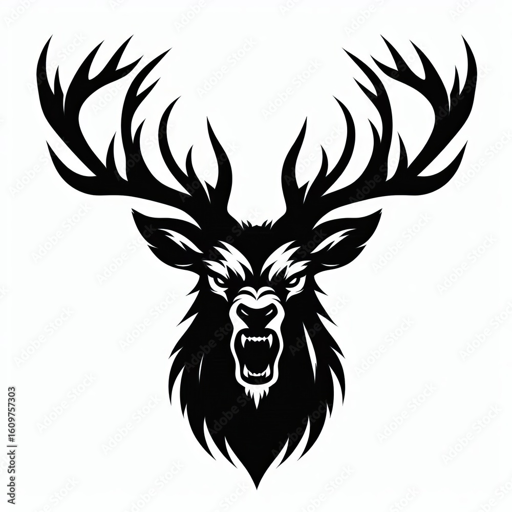 Obraz premium Fierce stag head with large antlers and open mouth