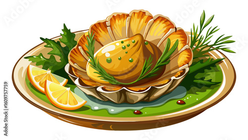 very Beautiful Fried Scallop Delicacy with Seared Herb-infused Luxury Sauce white background